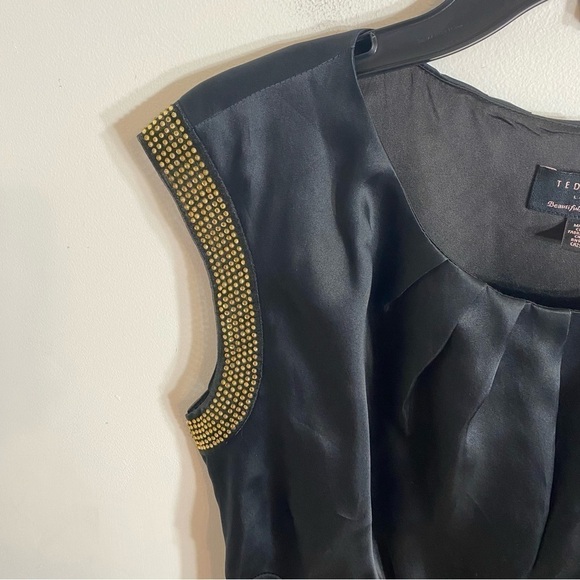 Ted Baker Silk Mini Dress Gold Studded Button Back Sz 3 (6-8 US) Black - Picture 7 of 12